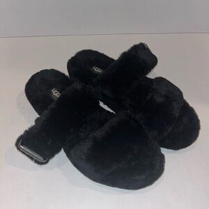 UGG Australia Fuzz Yeah Furry Black Sheepskin Slip Sandals Shoes US 8 Like‎ new